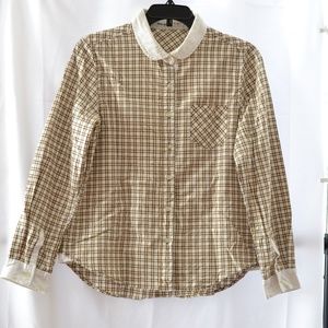 100% TAN PLAID COTTON BUTTON UP WOMEN SHIRT